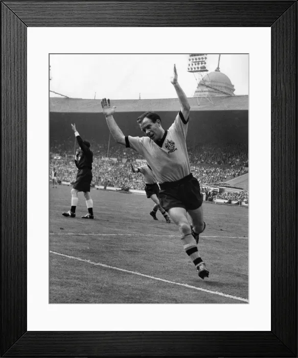 Framed Print : Norman Deeley acclaims his first goal and the second for Wolves. Refeeree K Framed Print : Norman Deeley acclaims his first goal and the second for Wolves. Refeeree K