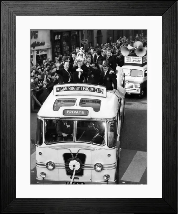 Framed Print : Wigan R. L. Team home from Wembley with Cup. The coach leaves the Town Hall to make its Framed Print : Wigan R. L. Team home from Wembley with Cup. The coach leaves the Town Hall to make its