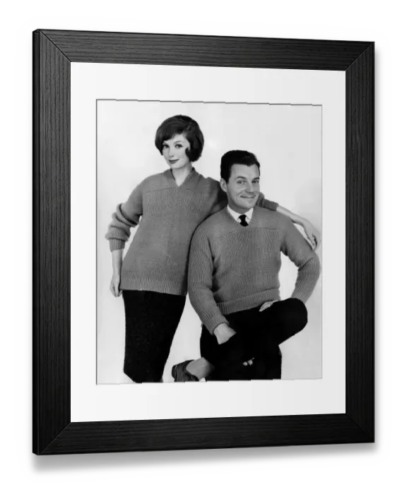 Framed Print : Clothing: Fashion: Knitwear. Couple wearing matching jumpers. October 1959 P013234