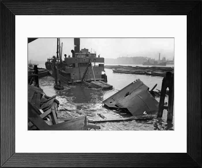 Framed Print : World War II: Shipping. This cargo steamer sank in the Thames yesterday Framed Print : World War II: Shipping. This cargo steamer sank in the Thames yesterday