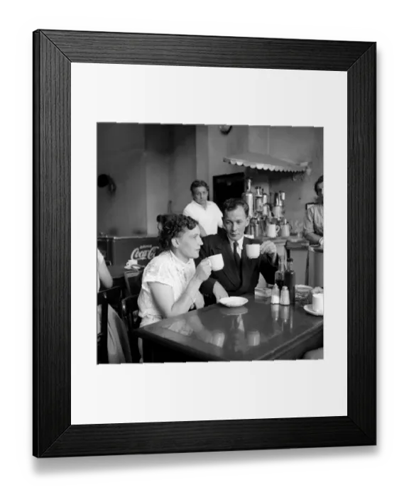 Framed Print : Food: Eating out: Couple in cafe in the West End of London. August 1953 D5148 Framed Print : Food: Eating out: Couple in cafe in the West End of London. August 1953 D5148