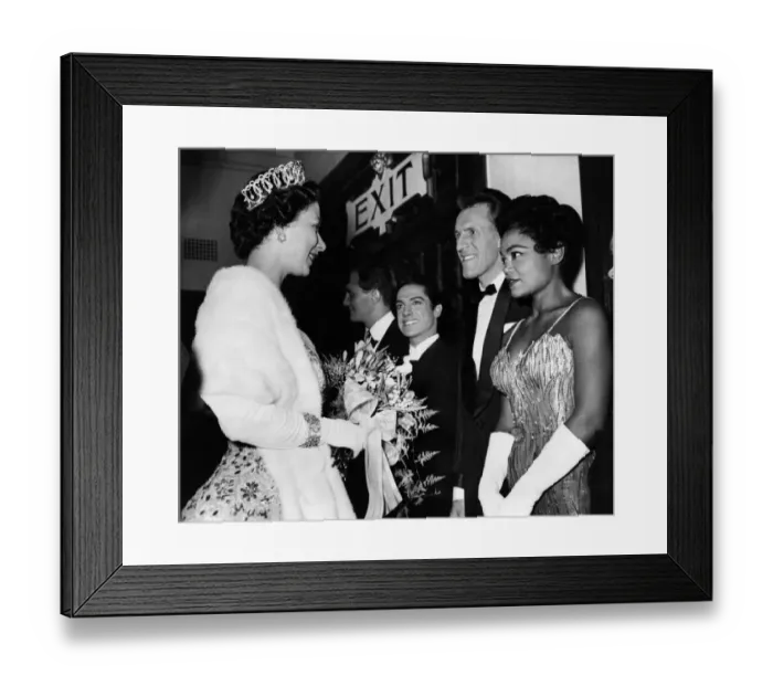 Framed Print : The Queen talking to Bruce Forsythe and Eartha Kitt. November 1958 P012480 Framed Print : The Queen talking to Bruce Forsythe and Eartha Kitt. November 1958 P012480