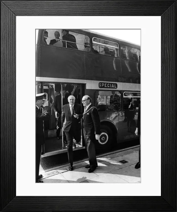 Framed Print : Prime Minister Mr. Wilson leaves bus which took him on a Tour of Manchester