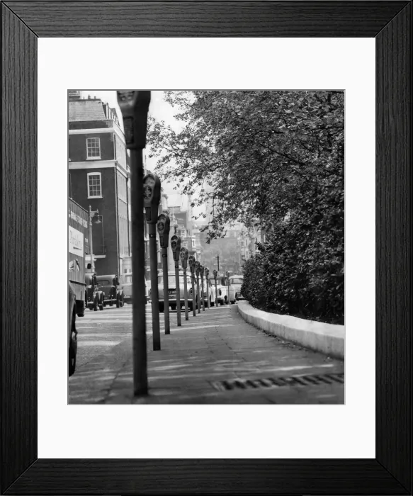 Framed Print : Parking Meters in Grosvenor Square, London. January 1965 P011349 Framed Print : Parking Meters in Grosvenor Square, London. January 1965 P011349