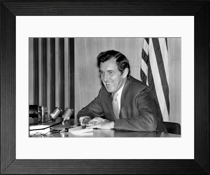 Framed Print : Senator Edmund Muskie answers questions at his London press conference