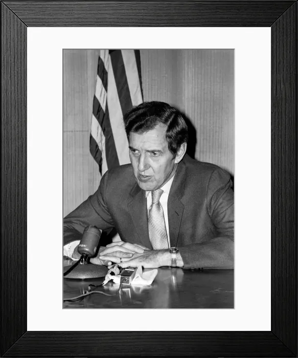 Framed Print : Senator Edmund Muskie answers questions at his London press conference