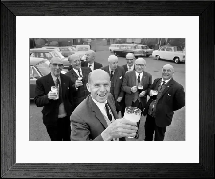 Framed Print : Secretary of the Bald Head d Mens Club Vic Hinds with some of his members outside