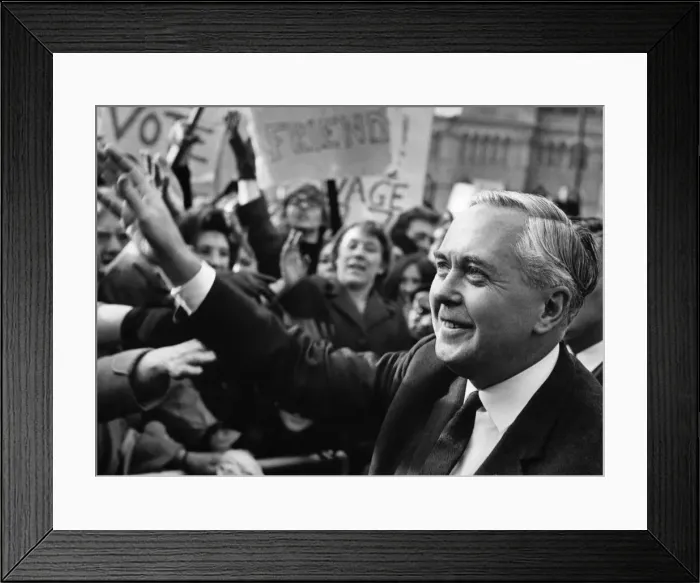 Framed Print : Harold Wilson keeps on smiling as the crowd shouts abuse. November 1966 P009868 Framed Print : Harold Wilson keeps on smiling as the crowd shouts abuse. November 1966 P009868