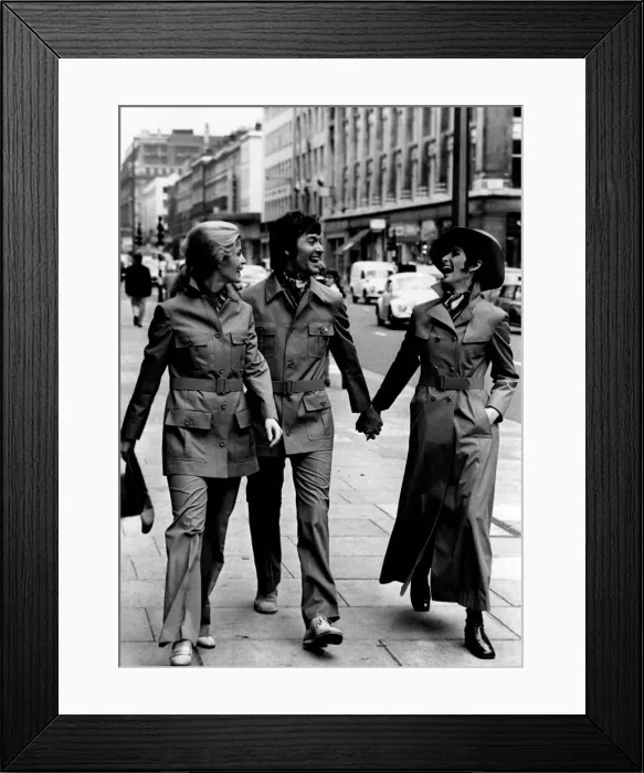 Framed Print : Ursula Klamet and Ken Swift in safari suits, Paula Daly in raincoat. October 1969 P009271 Framed Print : Ursula Klamet and Ken Swift in safari suits, Paula Daly in raincoat. October 1969 P009271