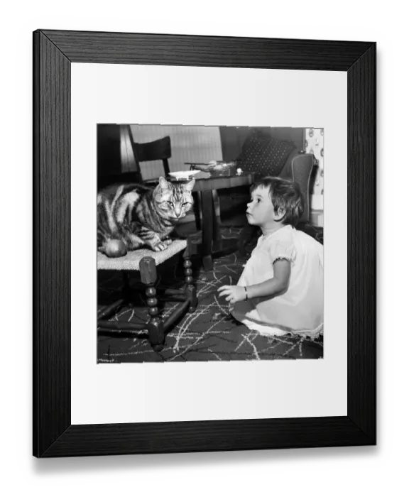 Framed Print : Baby and Cat: Karen at home with cats at the sink with nappies etc. November 1959 M4454 Framed Print : Baby and Cat: Karen at home with cats at the sink with nappies etc. November 1959 M4454