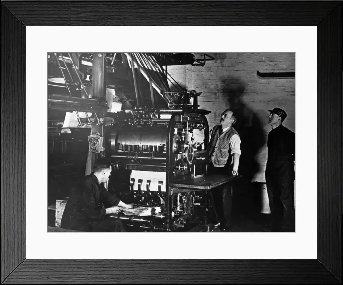 Framed Print : Printers Circa 1950 Printers inspect the press P044514 Framed Print : Printers Circa 1950 Printers inspect the press P044514