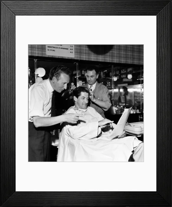 Framed Print : Barber Shop: Michael Holliday having hair cut at Ronnies of Streatham