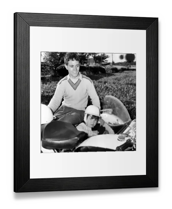 Framed Print : Motorbike with sidecar young man and girl: 12 year old Lyn Burton with her airman penpal Framed Print : Motorbike with sidecar young man and girl: 12 year old Lyn Burton with her airman penpal