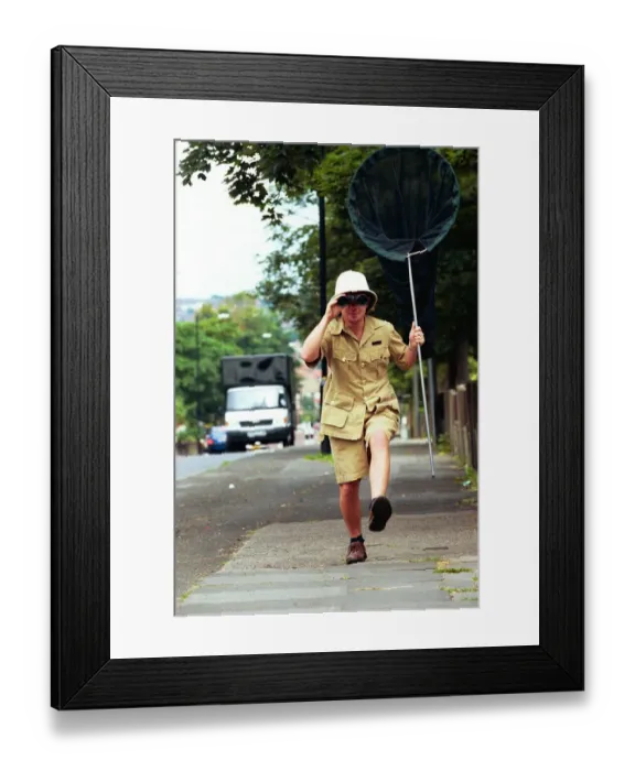 Framed Print : Dylan Dronfield - reporter dressed in safari clothes - big game hunting Framed Print : Dylan Dronfield - reporter dressed in safari clothes - big game hunting