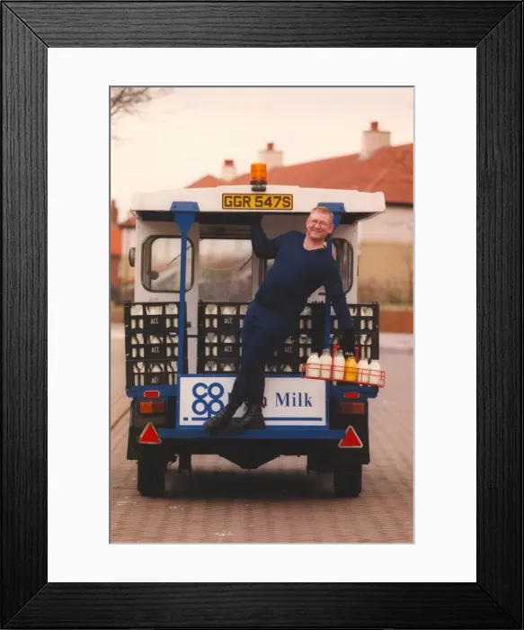 Framed Print : Jimmy Arkle models what every fashionable but warm milkman will be wearing this winter Framed Print : Jimmy Arkle models what every fashionable but warm milkman will be wearing this winter