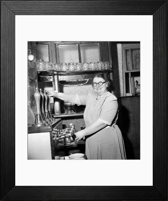 Framed Print : Pubs: Barmaids. Mr. Ellen Brook licensee of three Pigeons, Northwich Cheshire Framed Print : Pubs: Barmaids. Mr. Ellen Brook licensee of three Pigeons, Northwich Cheshire