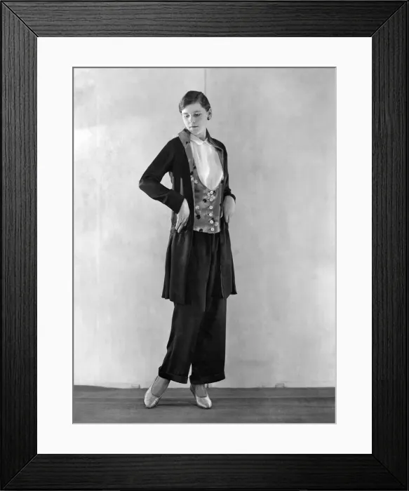 Framed Print : Pyjamas of black lustrous satin work with a skirt of pleated ivory georgette Framed Print : Pyjamas of black lustrous satin work with a skirt of pleated ivory georgette