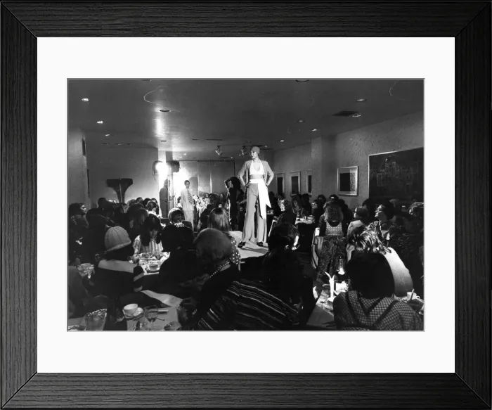 Framed Print : Over breakfast of bacon and eggs, with champagne, guests watch the Mary Quant Spring 1972 Framed Print : Over breakfast of bacon and eggs, with champagne, guests watch the Mary Quant Spring 1972