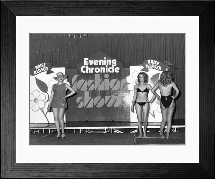 Framed Print : Models pose in the latest beachwear at the Evening Chronicle fashion show Framed Print : Models pose in the latest beachwear at the Evening Chronicle fashion show