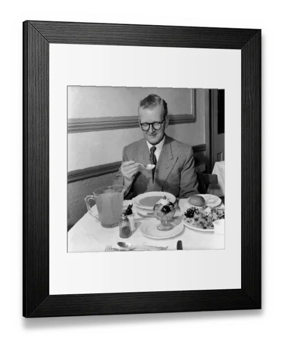 Framed Print : Food: Vegetarian: Mr. John Walton, eating the birthday lunch in the vegetarian restaurant