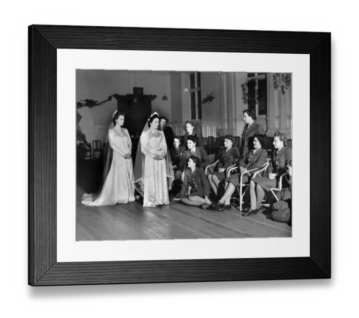 Framed Print : World War II Women: Two A. T. S. girls trying out wedding dresses at a A. T. S. hostel Framed Print : World War II Women: Two A. T. S. girls trying out wedding dresses at a A. T. S. hostel
