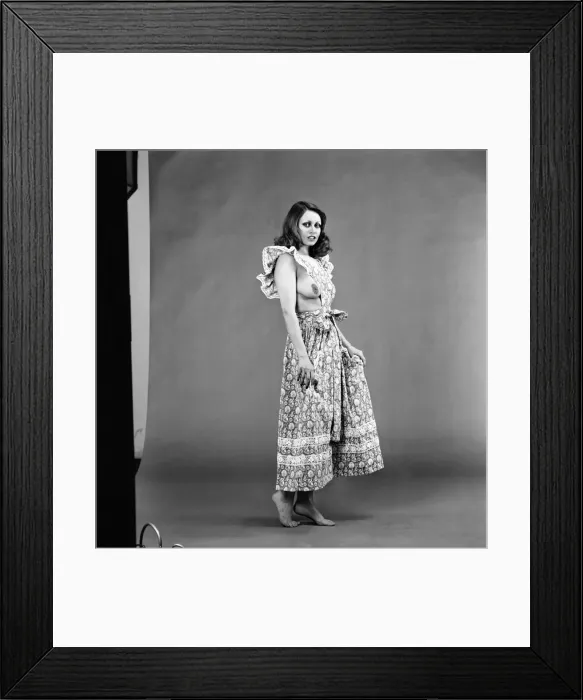 Framed Print : Glamour girl Geraldine June wearing a pinafore. January 1975 75-00316-003 Framed Print : Glamour girl Geraldine June wearing a pinafore. January 1975 75-00316-003