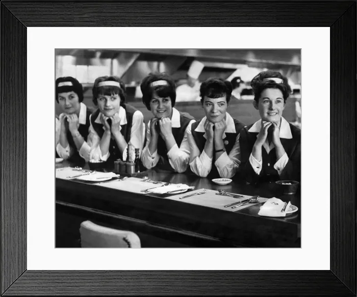 Framed Print : Waitresses at a motorway service station pose for the Camera. November 1963 P009589 Framed Print : Waitresses at a motorway service station pose for the Camera. November 1963 P009589
