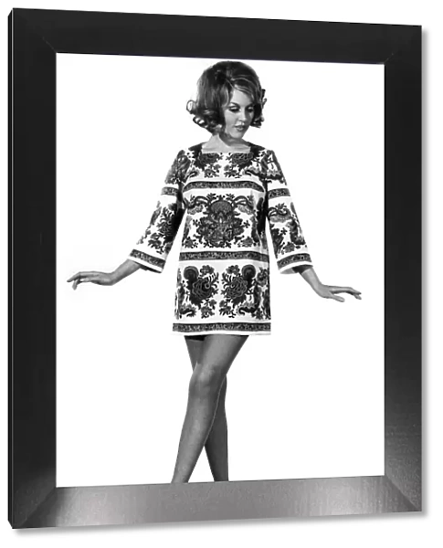 Reveille Fashions: Delia Freeman modelling mini dress. April 1969 P008468