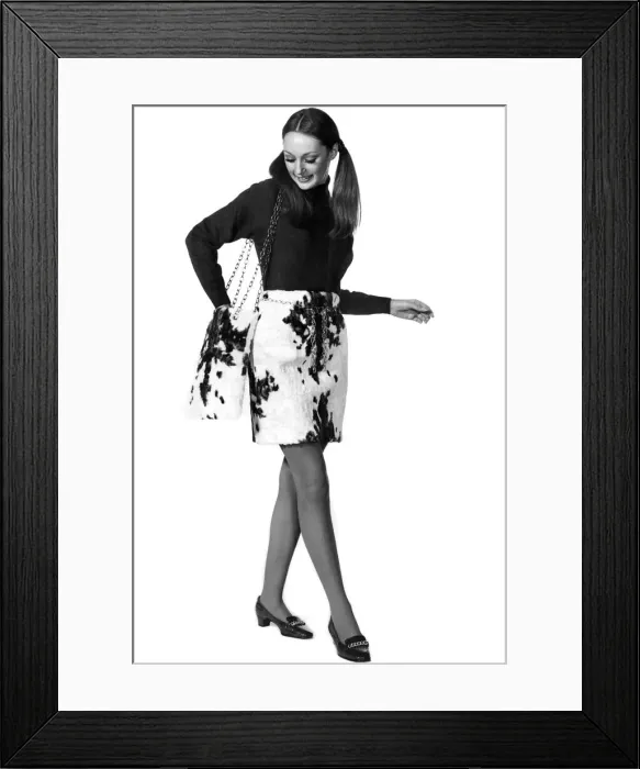 Framed Print : Reveille Fashions: Justyne. wearing goat skin skirt and matching handbag Framed Print : Reveille Fashions: Justyne. wearing goat skin skirt and matching handbag