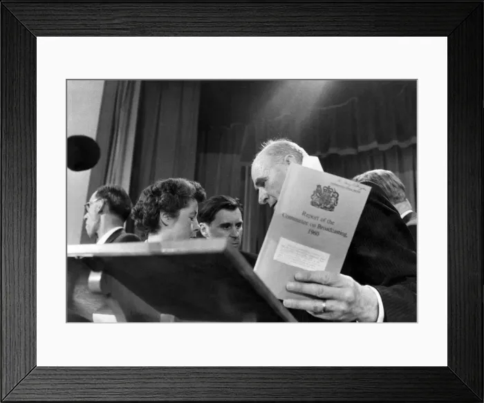 Framed Print : Sir Harry Pikingto with the Pilkington Committee Report in to the future of Broadcasting