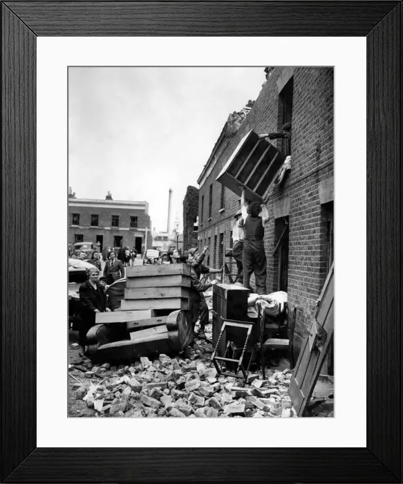 Framed Print : Removing furniture from a top room in Deptford. June 1944 P009362 Framed Print : Removing furniture from a top room in Deptford. June 1944 P009362