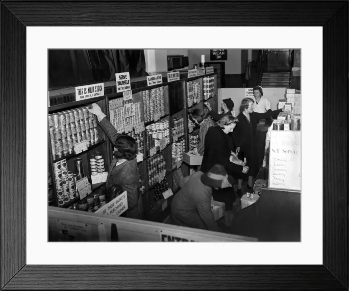 Framed Print : Shoppers at the Grocers Depot Co-Op Stores in Romford. October 1942 P012073 Framed Print : Shoppers at the Grocers Depot Co-Op Stores in Romford. October 1942 P012073