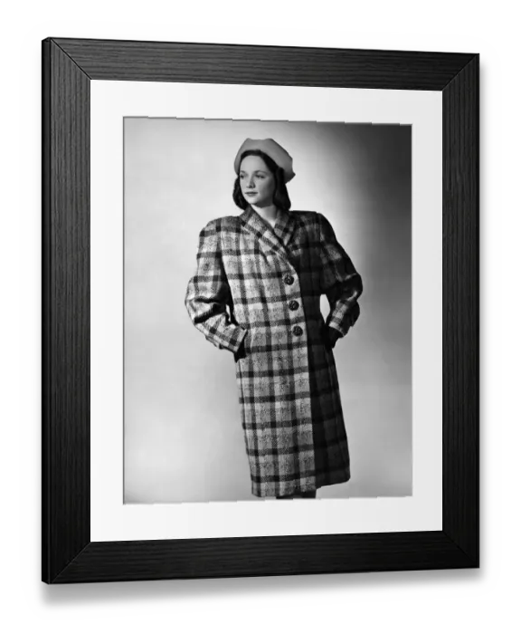Framed Print : Fashion 1940 s: Attractive swagger country coat by Meredith in large red Framed Print : Fashion 1940 s: Attractive swagger country coat by Meredith in large red