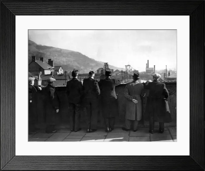 Framed Print : Coal Strike. Miners, now idle, looking from a bridge at a Colliery at Mountain Ash Framed Print : Coal Strike. Miners, now idle, looking from a bridge at a Colliery at Mountain Ash