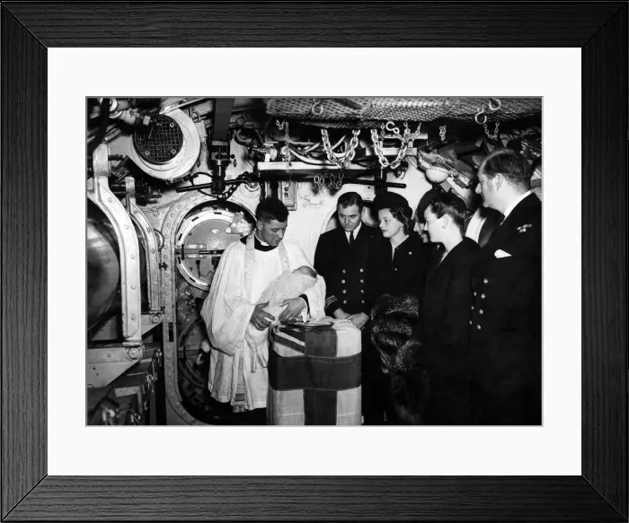 Framed Print : Lieut. Commdr HRB Newton and and wife at christening service of their son Max in Torpedo Framed Print : Lieut. Commdr HRB Newton and and wife at christening service of their son Max in Torpedo