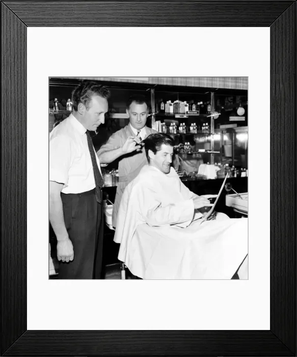 Framed Print : Barber Shop: Michael Holliday having hair cut at Ronnies of Streatham Framed Print : Barber Shop: Michael Holliday having hair cut at Ronnies of Streatham