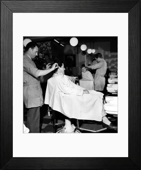Framed Print : Barber Shop: Michael Holliday having hair cut at Ronnies of Streatham Framed Print : Barber Shop: Michael Holliday having hair cut at Ronnies of Streatham
