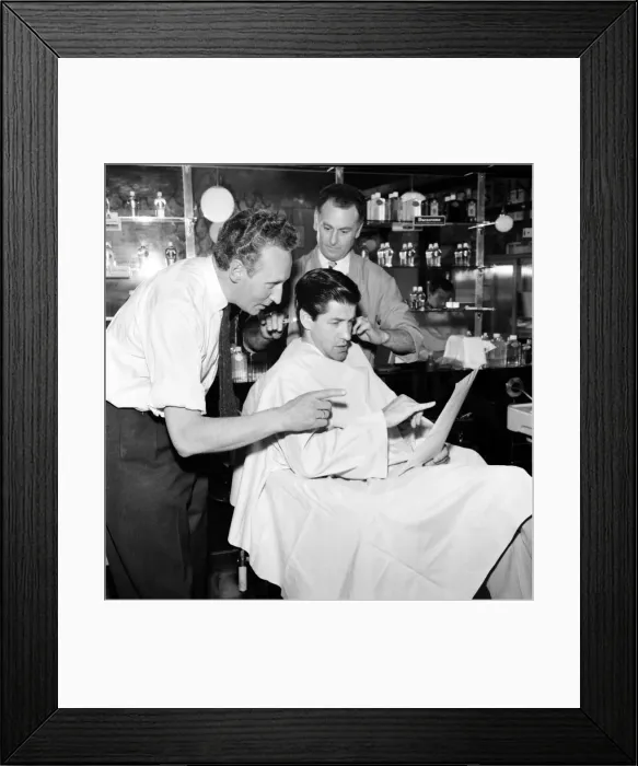 Framed Print : Barber Shop: Michael Holliday having hair cut at Ronnies of Streatham