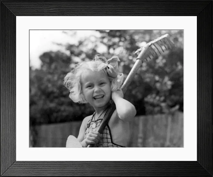 Framed Print : Young girl holding a rake in the back garden Circa 1945 P044440