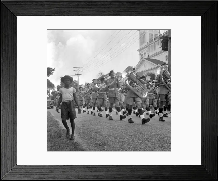 Framed Print : British soldiers marching in Georgetown, British Guiana watched by local citizens