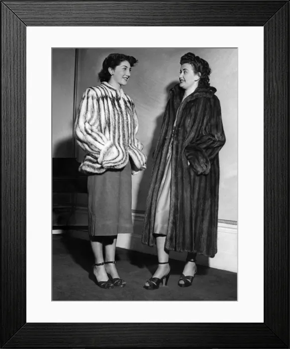 Framed Print : Jane Farrell (right) in a labrador mink coat with full ripple back Framed Print : Jane Farrell (right) in a labrador mink coat with full ripple back