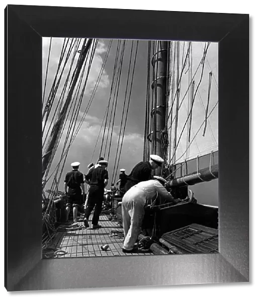 Preparing to set the staysail. May 1948 P009230