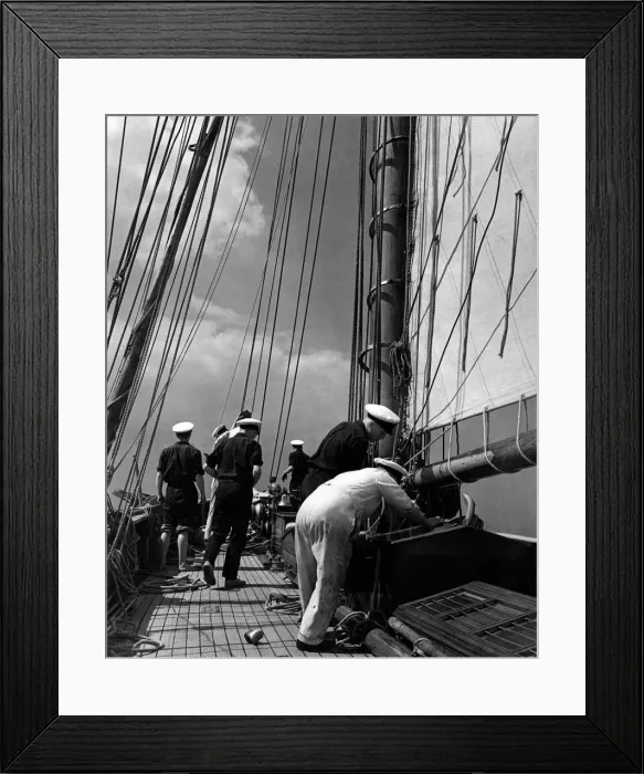 Framed Print : Preparing to set the staysail. May 1948 P009230 Framed Print : Preparing to set the staysail. May 1948 P009230