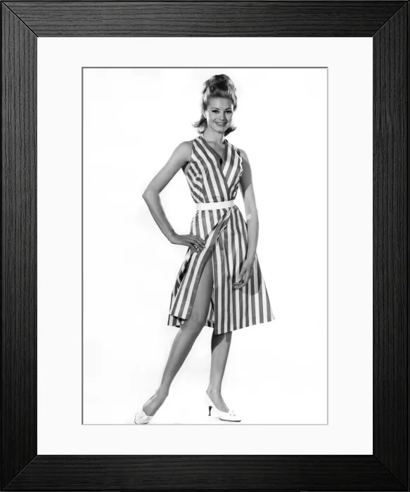 Framed Print : Model Margaret Lorraine wearing striped sleeveless dress with bellt Framed Print : Model Margaret Lorraine wearing striped sleeveless dress with bellt