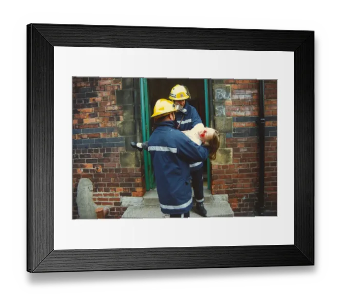 Framed Print : Firefighters rescue a young girl from Bill Quay Infant School - luckily for the girl it Framed Print : Firefighters rescue a young girl from Bill Quay Infant School - luckily for the girl it