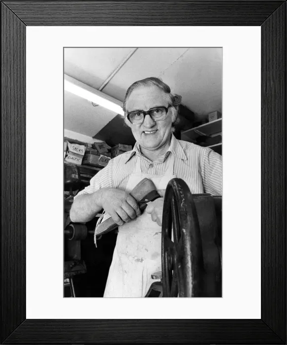 Framed Print : cobbler tommy Collins fixing a new heel to a shoe Framed Print : cobbler tommy Collins fixing a new heel to a shoe