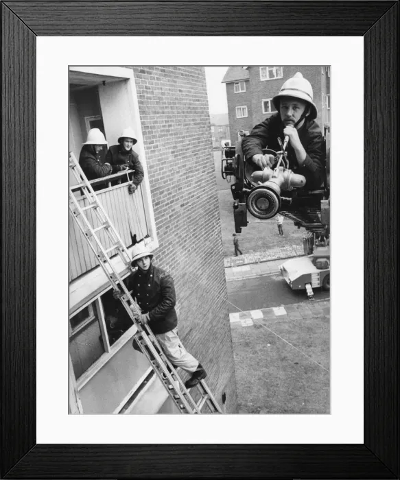 Framed Print : Fire rescue demonstration at Walker - Firefighter Chris Foster (on turntable ladder Framed Print : Fire rescue demonstration at Walker - Firefighter Chris Foster (on turntable ladder