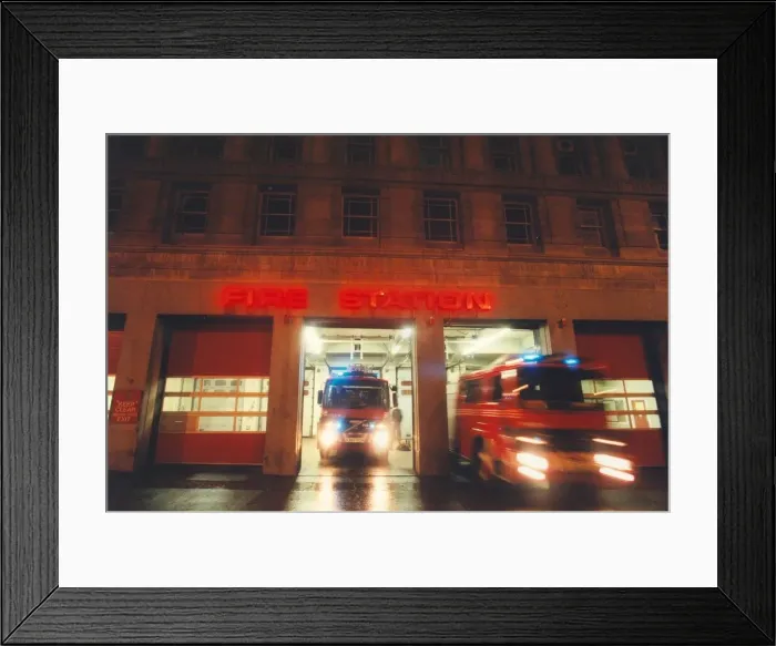 Framed Print : Fire engines rush out of Pilgrim Street fire station in Newcastle on an emergency call Framed Print : Fire engines rush out of Pilgrim Street fire station in Newcastle on an emergency call