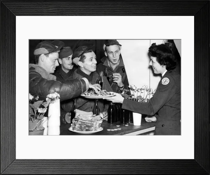 Framed Print : Crew men of the American B17 bomber Flying Fortress welcomed home by a Red Cross girl Framed Print : Crew men of the American B17 bomber Flying Fortress welcomed home by a Red Cross girl