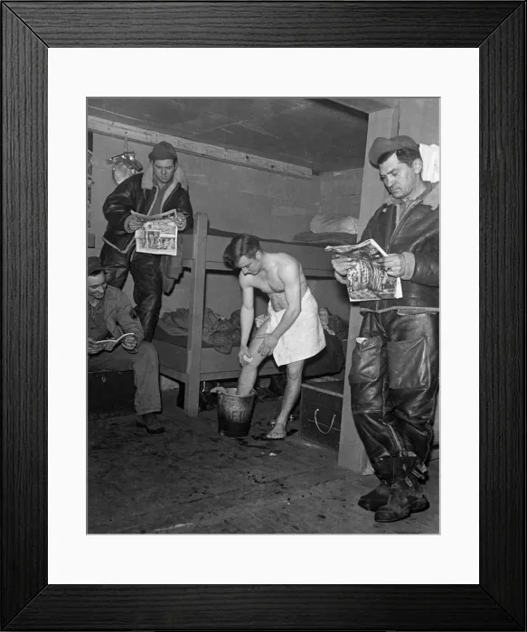 Framed Print : American army troops inside their packing case home getting ready for a night on the town Framed Print : American army troops inside their packing case home getting ready for a night on the town